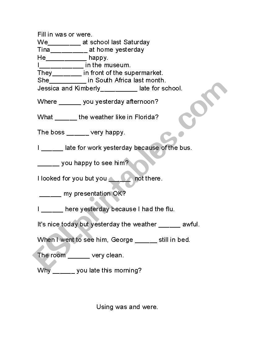 Using was and were worksheet