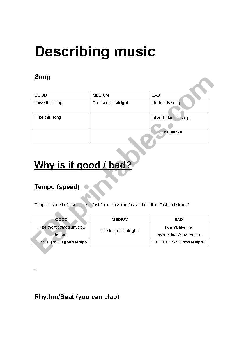 Describing Music worksheet