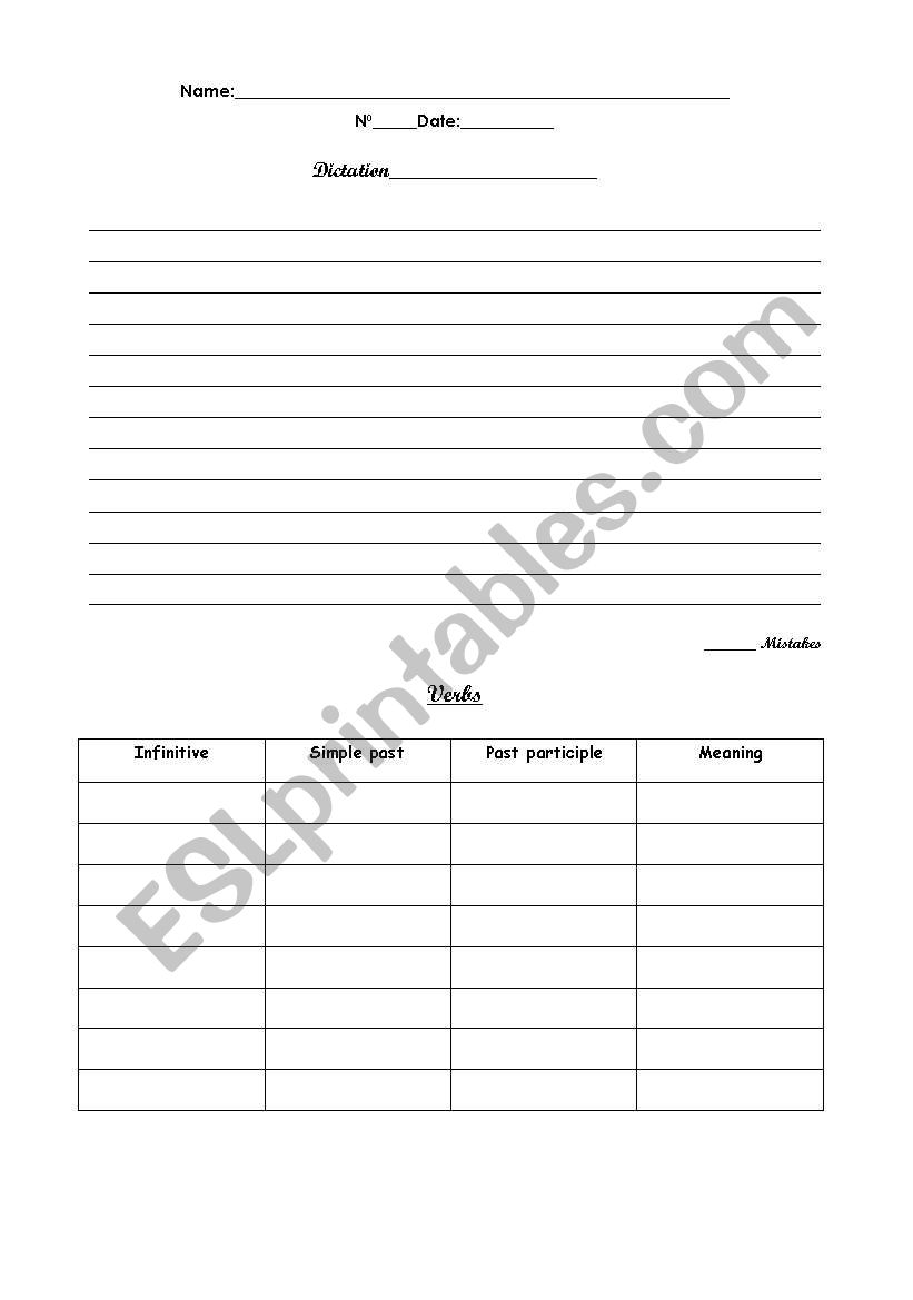 Dictation and Irregular verbs worksheet