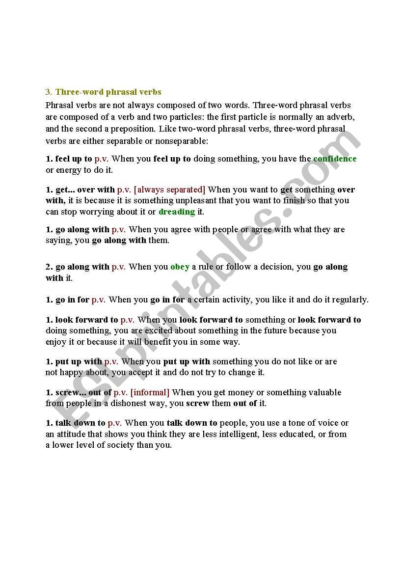 Three word Phrasal Verbs ESL Worksheet By Margosha79