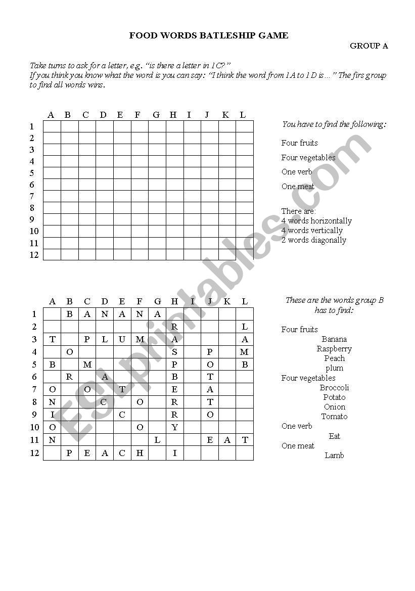 FOOD WORD BATTLESHIP GAME worksheet