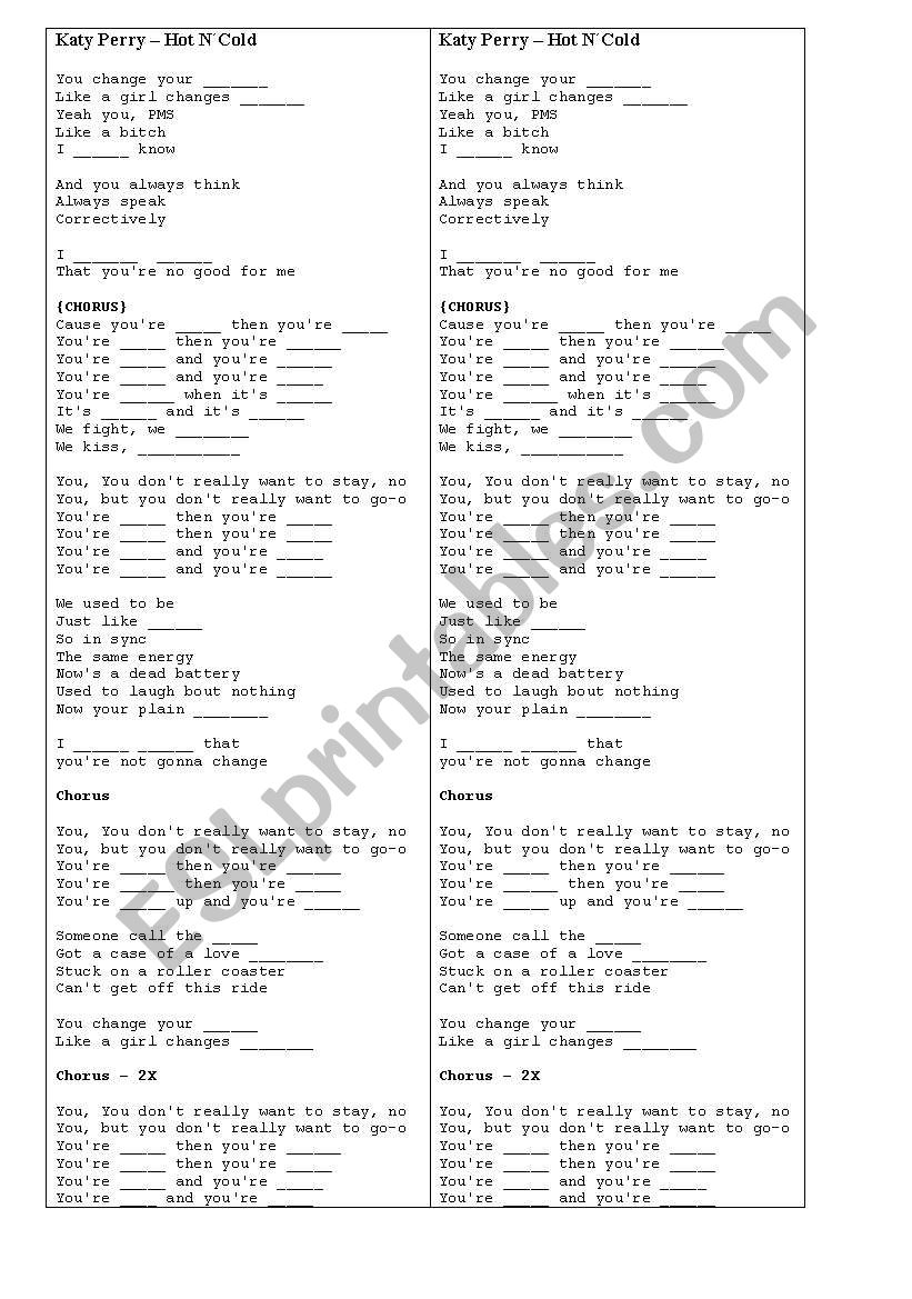 Katy Perry song - Hot N´cold worksheet