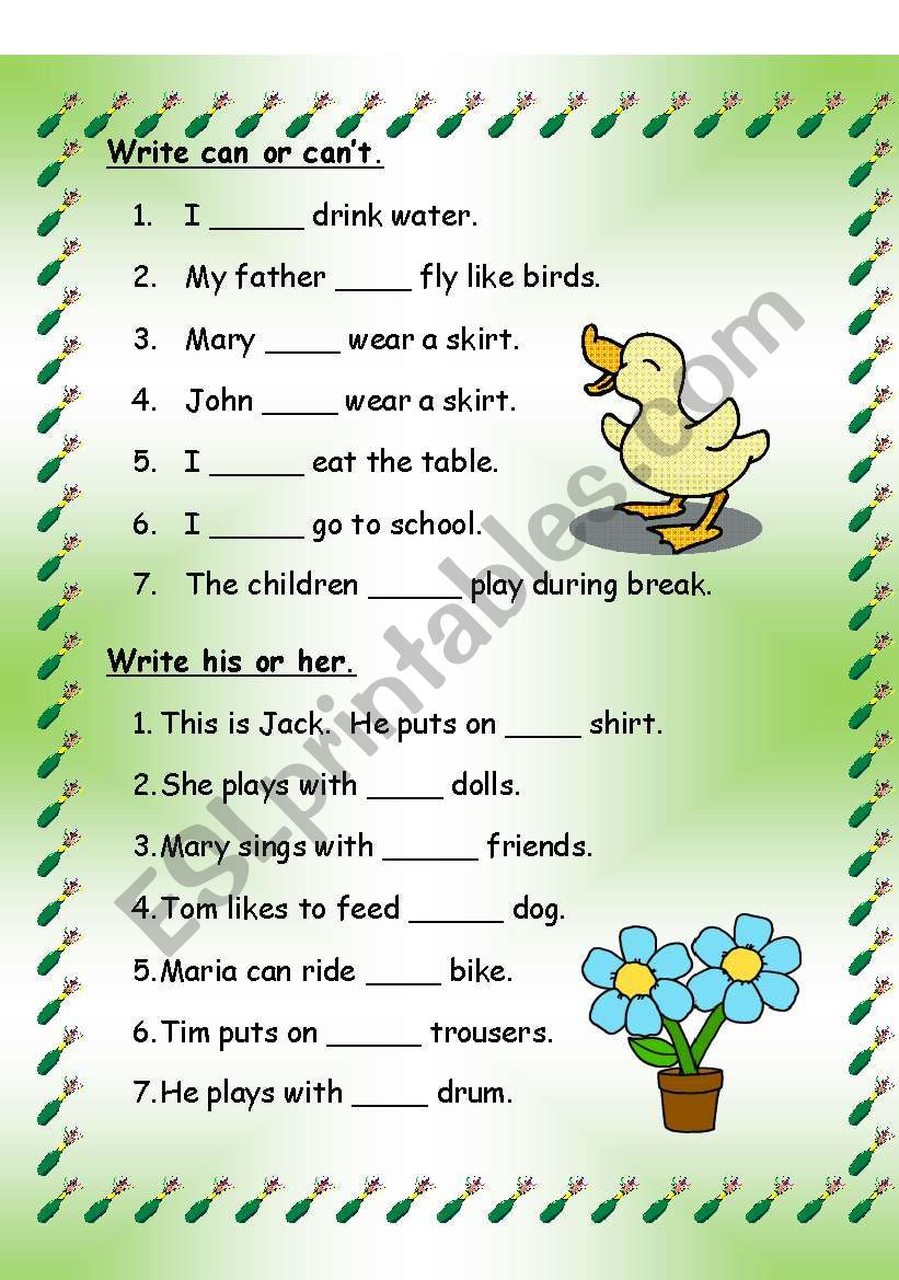 Can Can´t His Her Esl Worksheet By Cartina