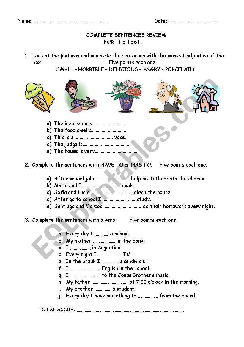 complete sentences worksheet