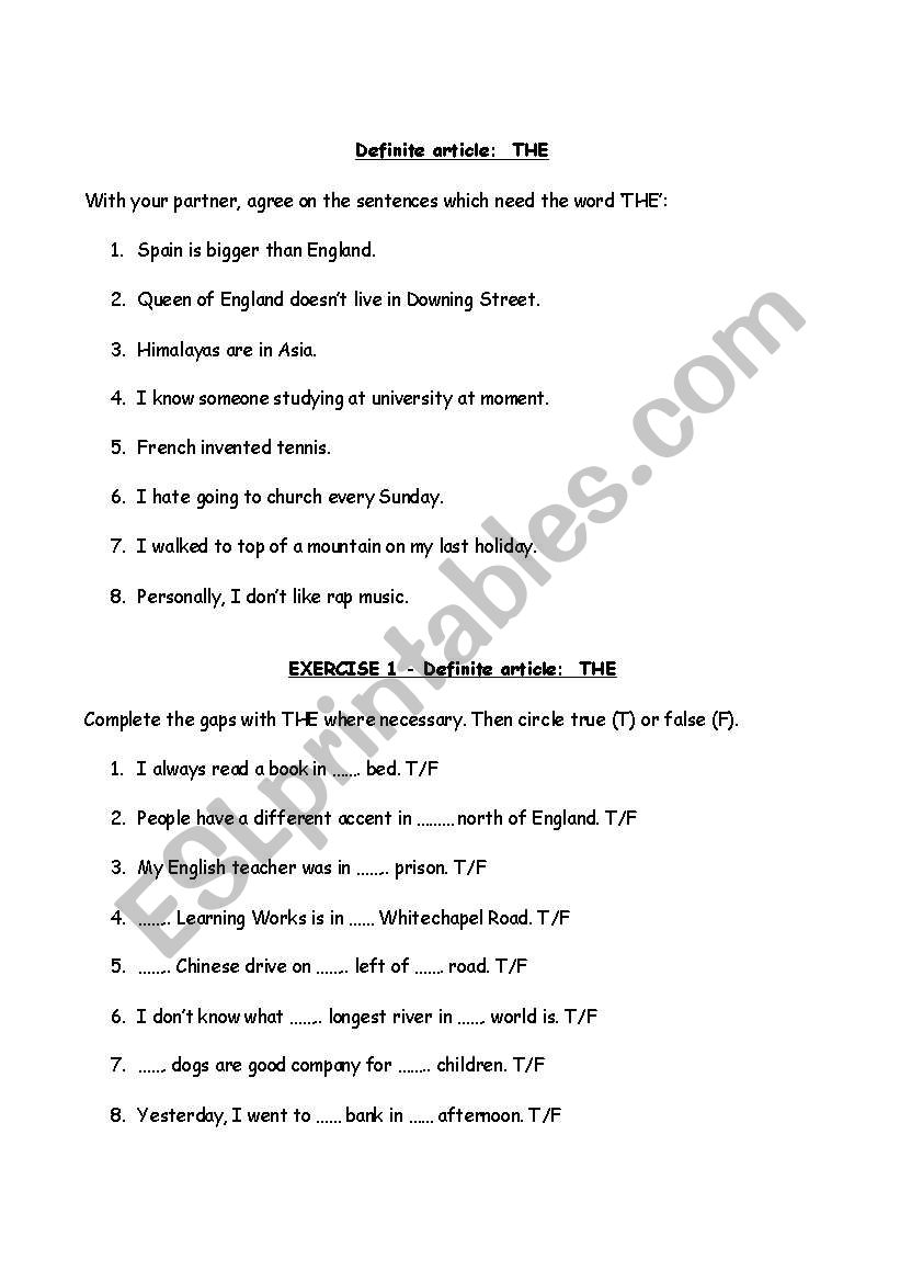 Definite article worksheet