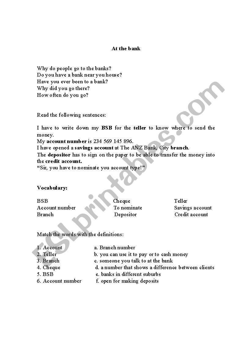 At the bank worksheet