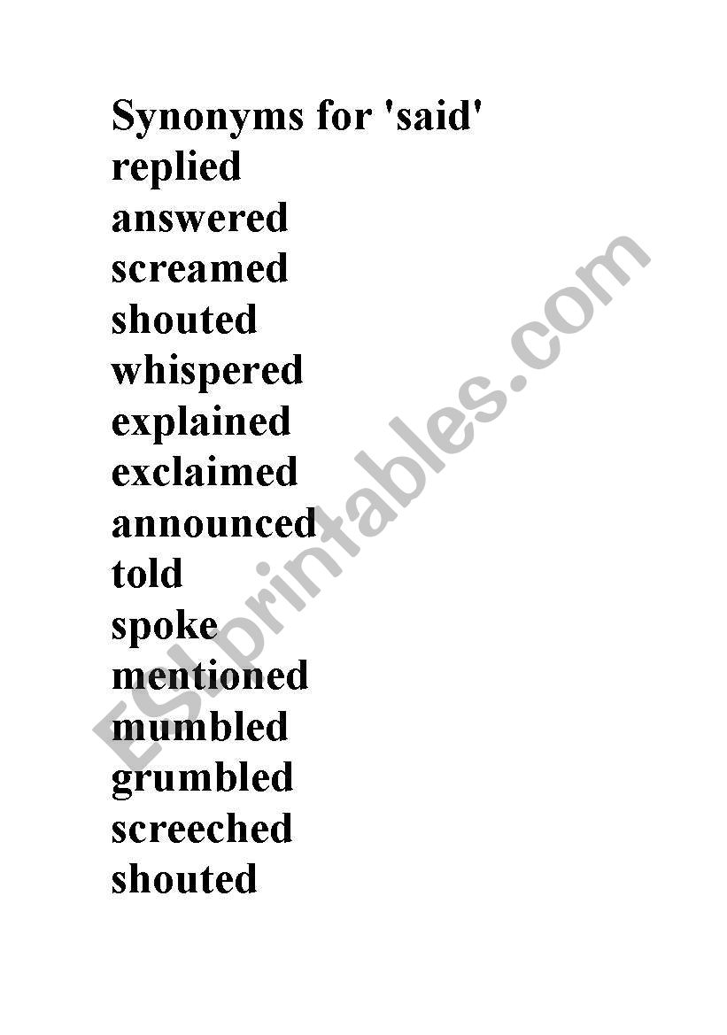 synonyms for said worksheet