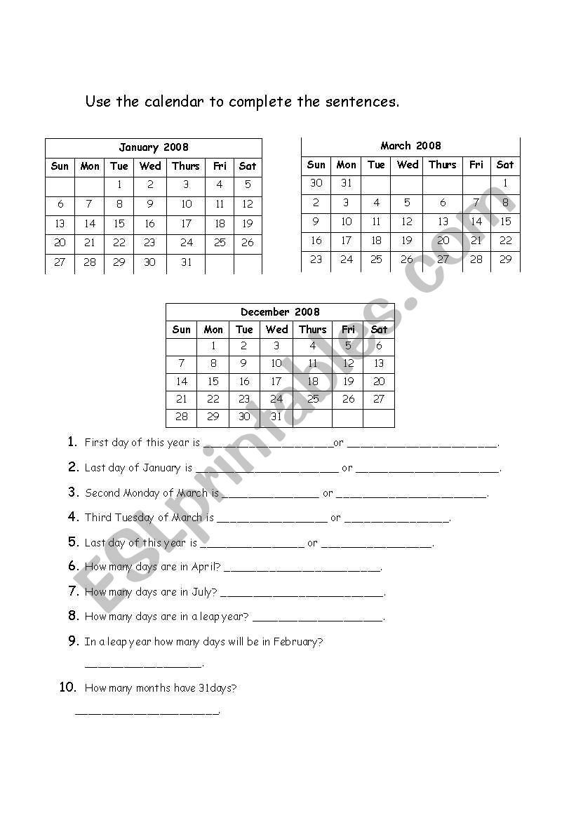 calendar worksheet