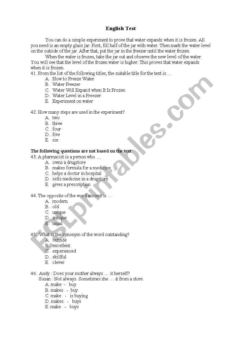 entance test worksheet