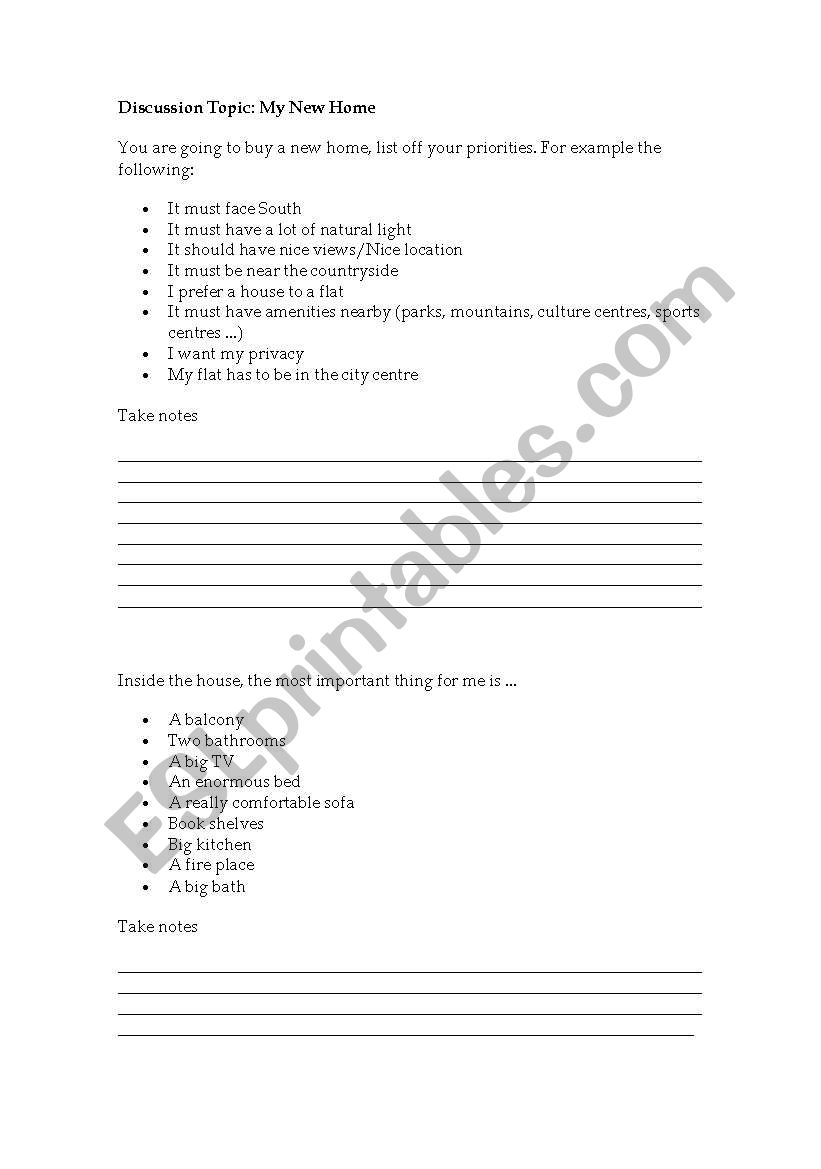 Discussion Topic: My New Home worksheet