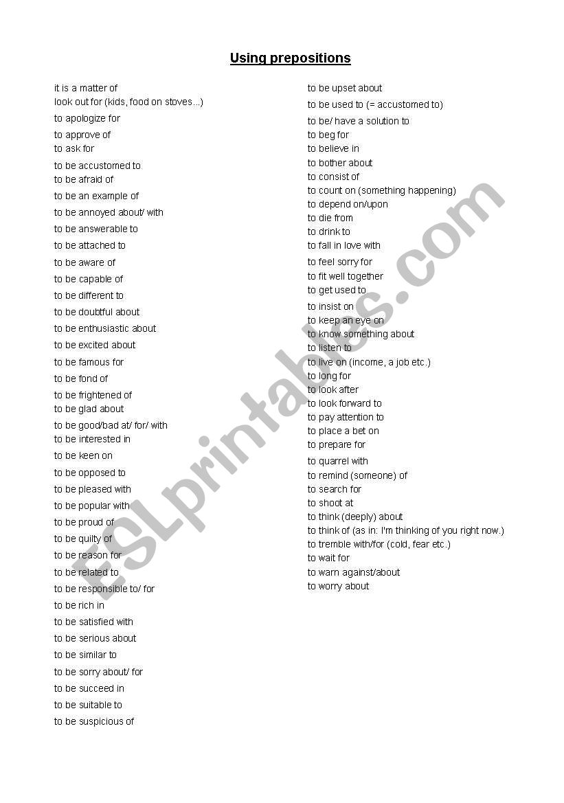 Using prepositions ssheet worksheet