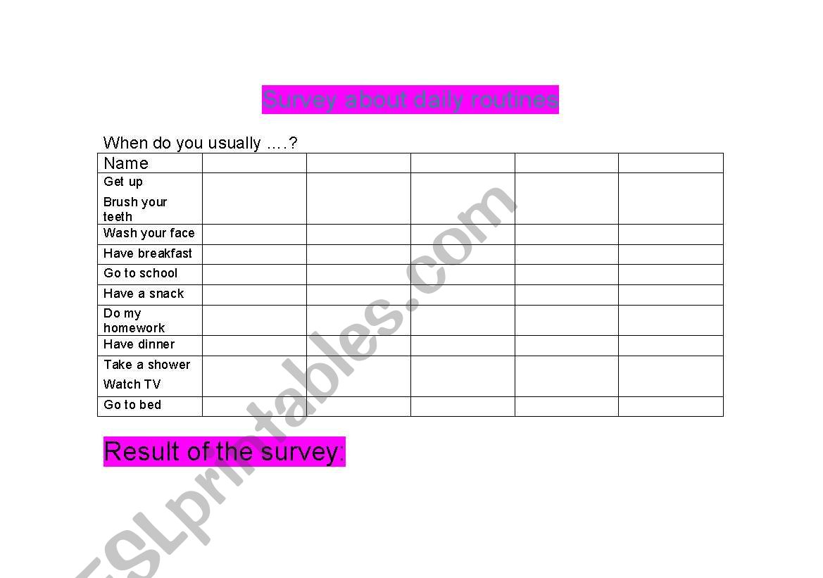 survey for daily routines worksheet