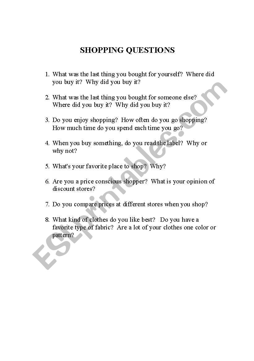 SHOPPING QUESTIONS worksheet