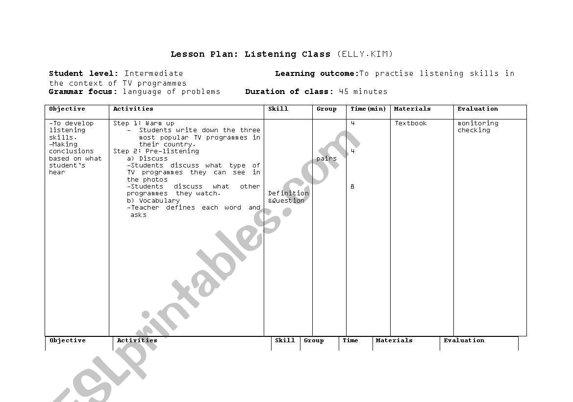 listening lesson plan worksheet