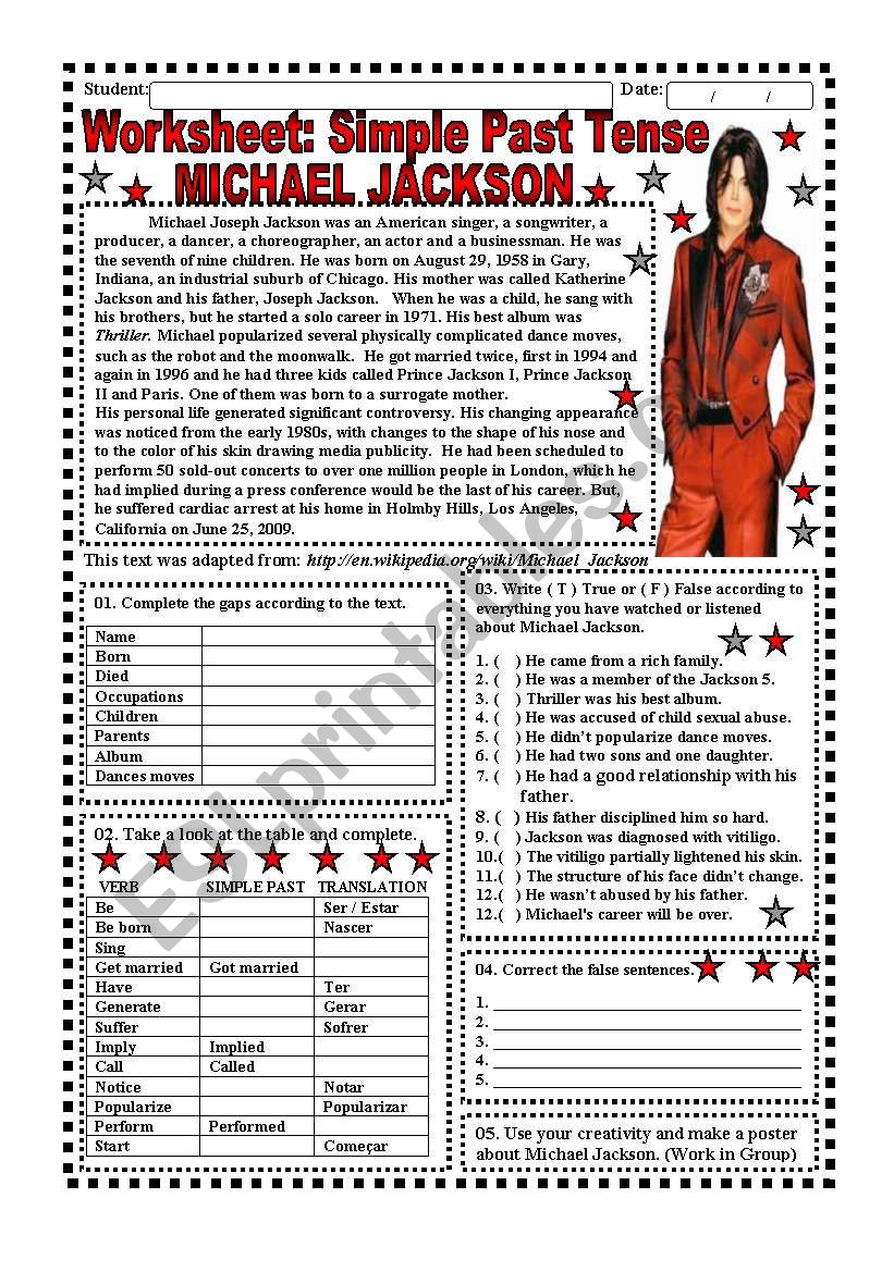 Worksheet: Simple Past Tense (Michael Jackson) - 4 pages