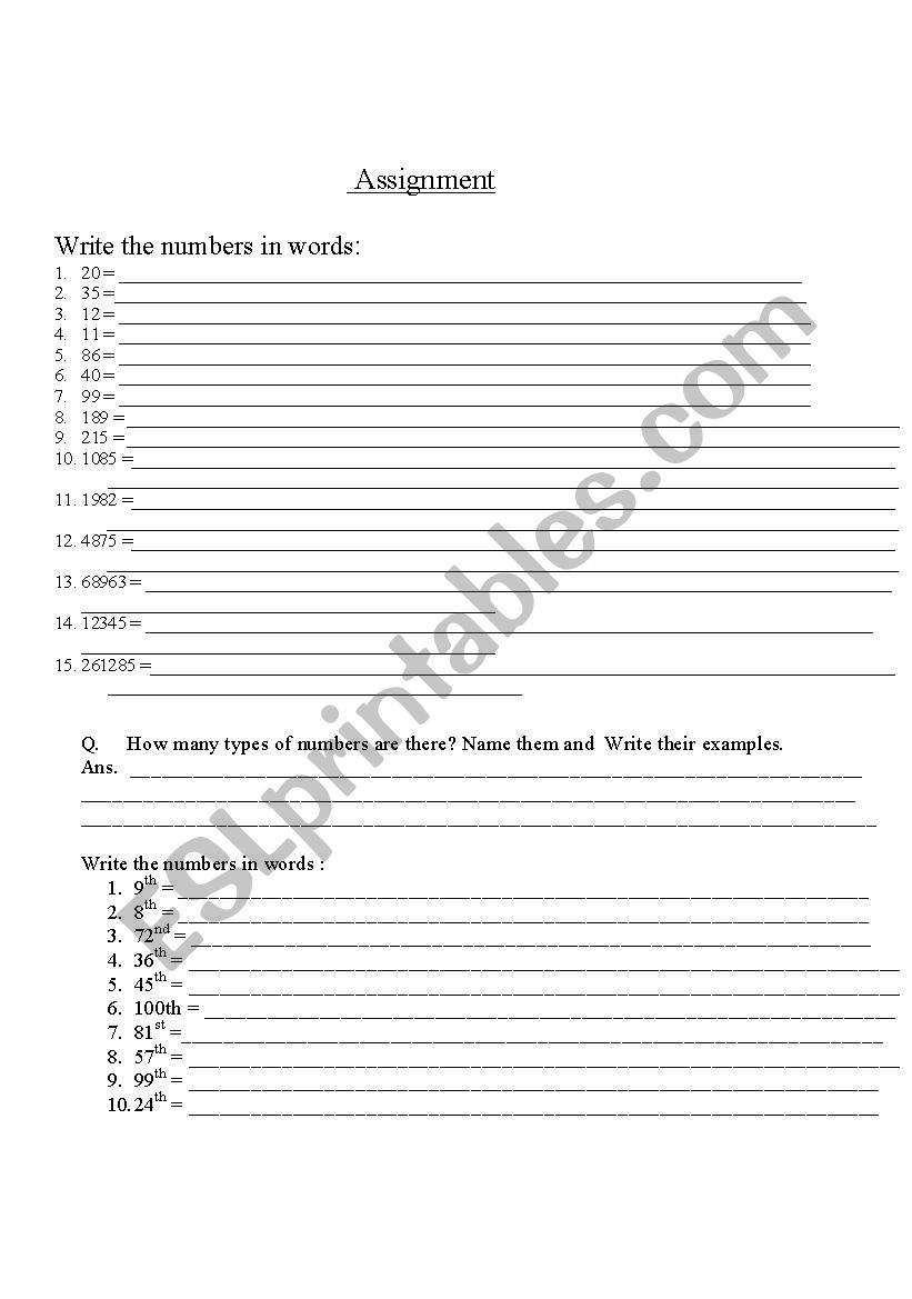 Numbers test worksheet