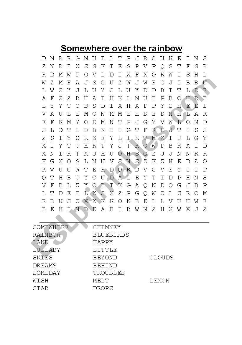 Over the rainbow word search worksheet