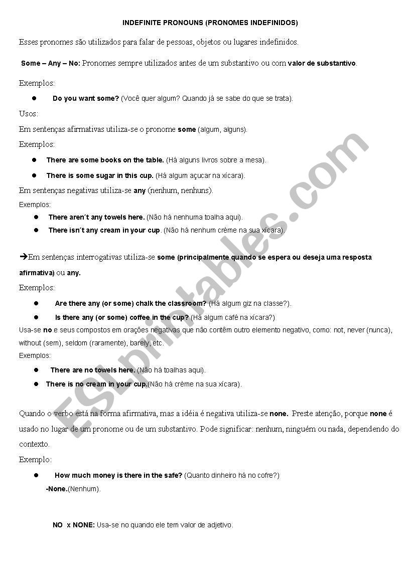 INDEFINITE PRONOUNS  worksheet