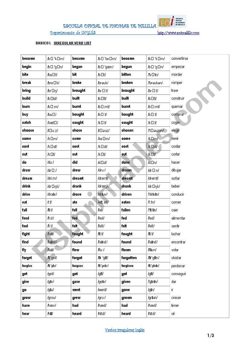 list irregular verbs worksheet