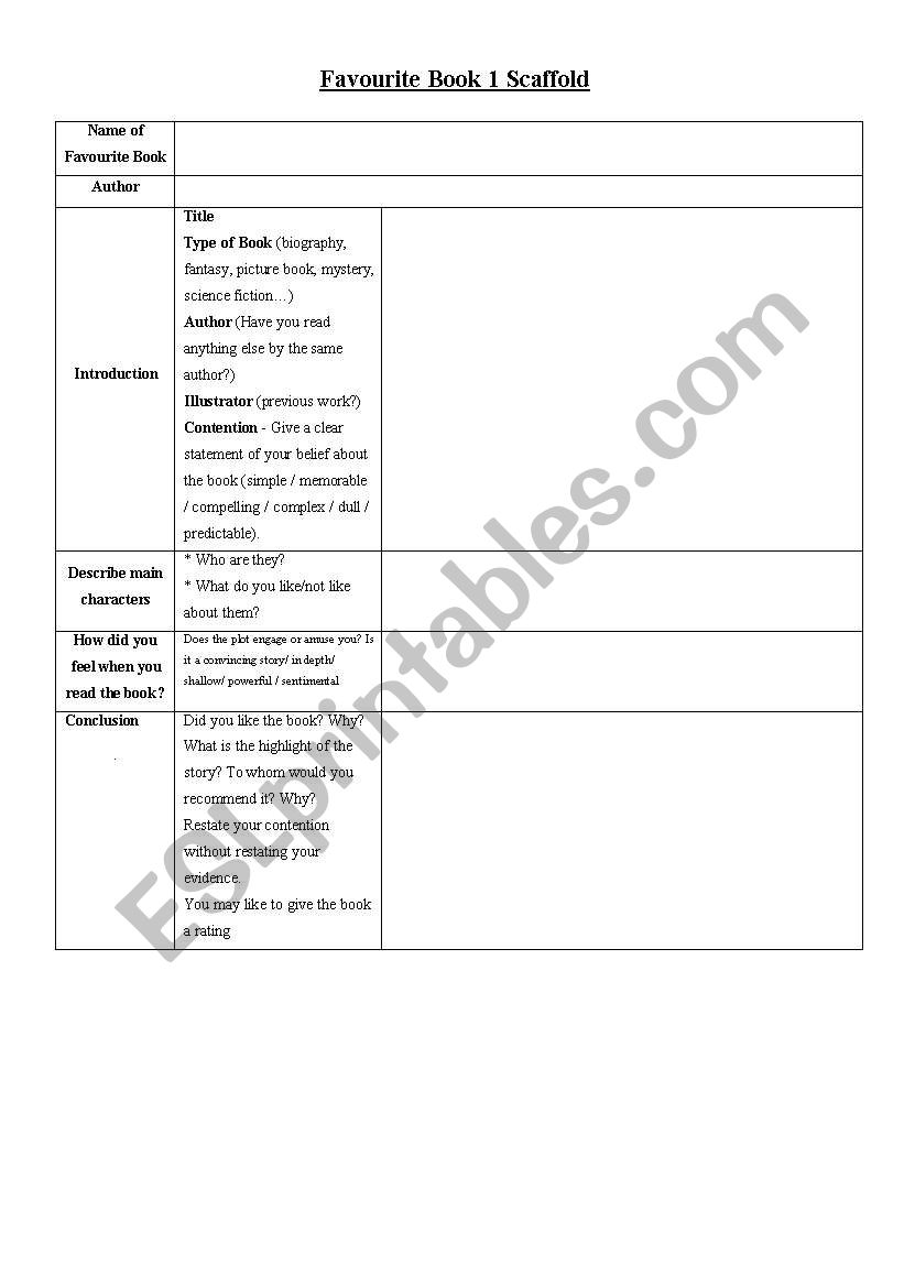 Favourite Book Scaffold worksheet