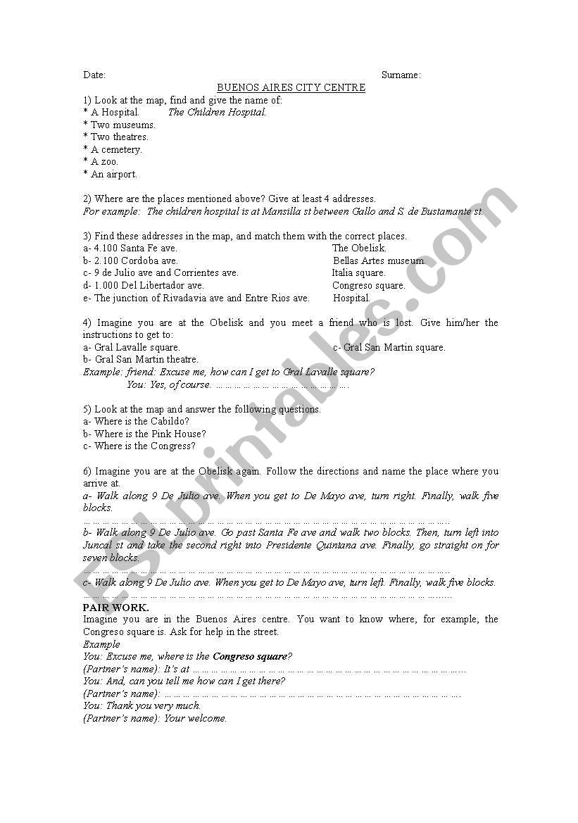 Buenos Aires city centre worksheet