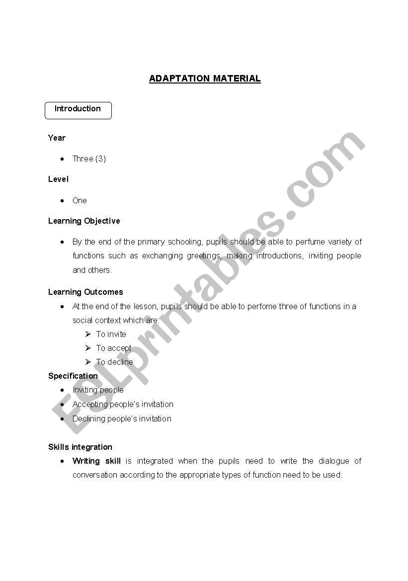 Material Adaptation worksheet