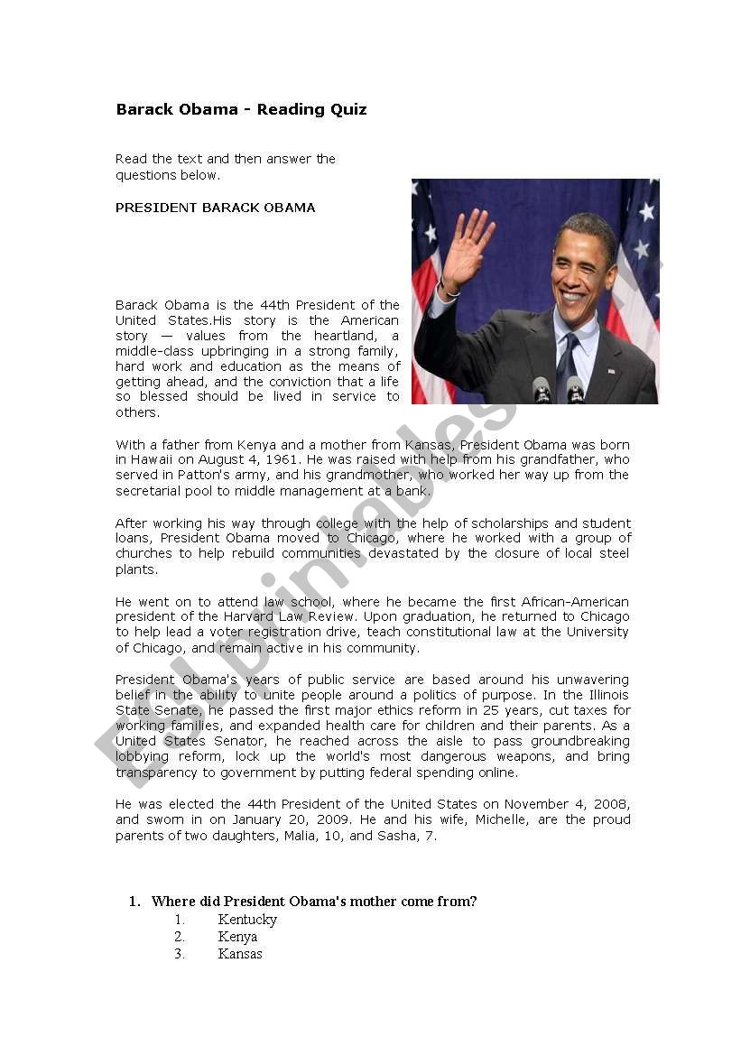 Barack Obama - Reading Quiz  worksheet