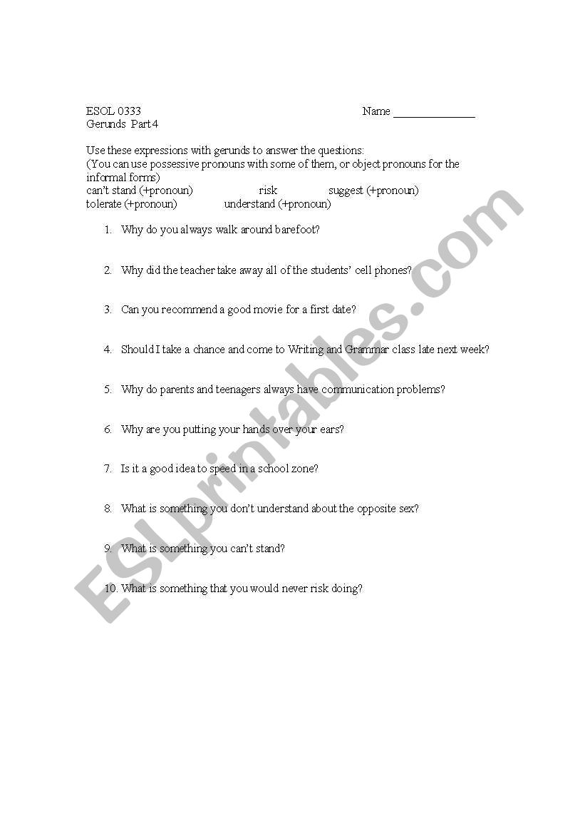 Gerunds Part 3 worksheet