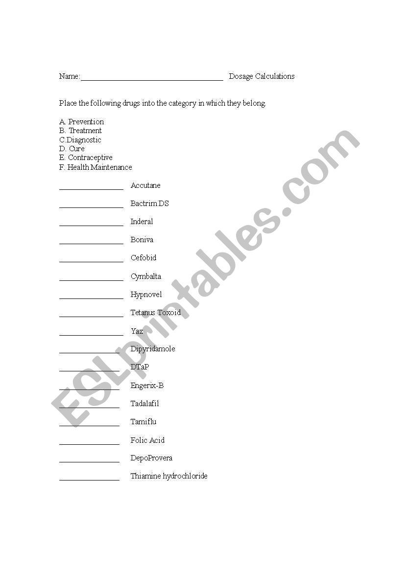 Classify Drugs worksheet