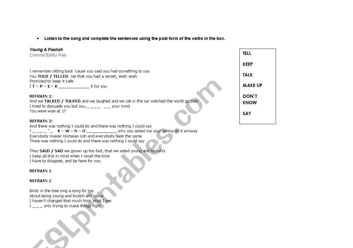 song: young and foolish worksheet
