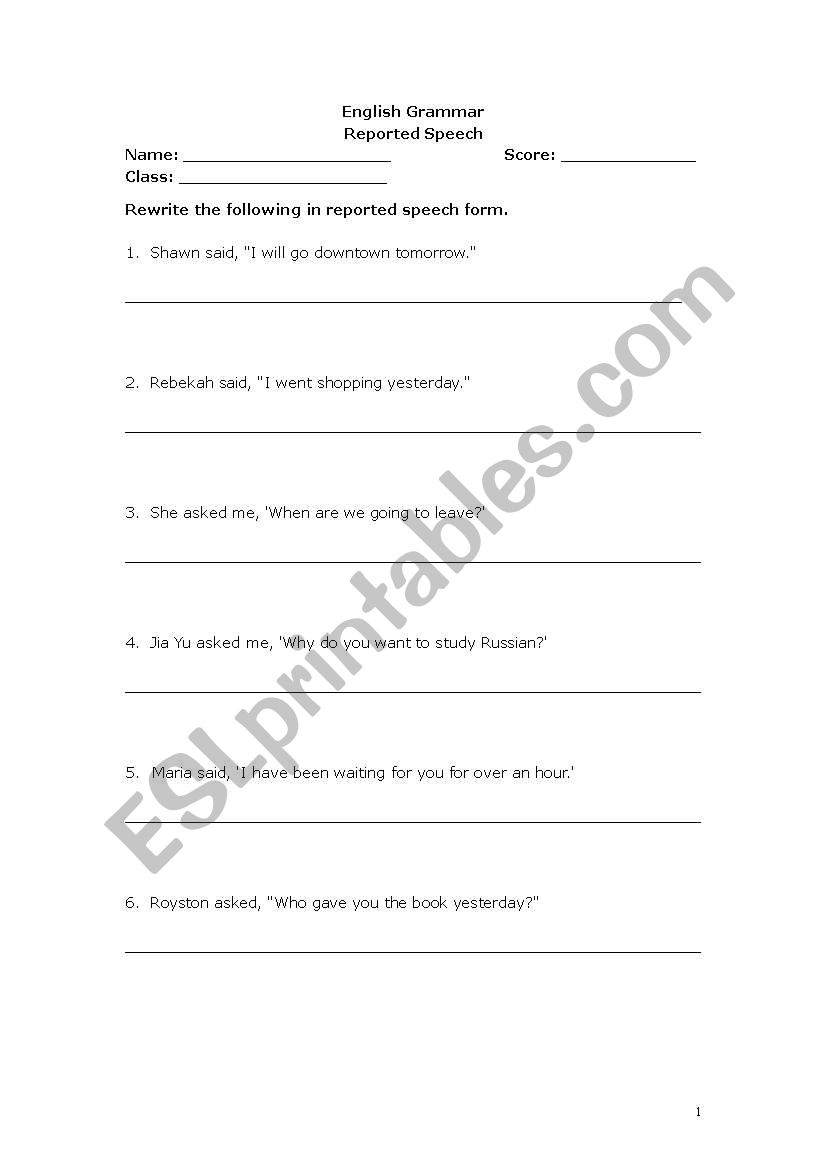 Reported Speech Printable worksheet