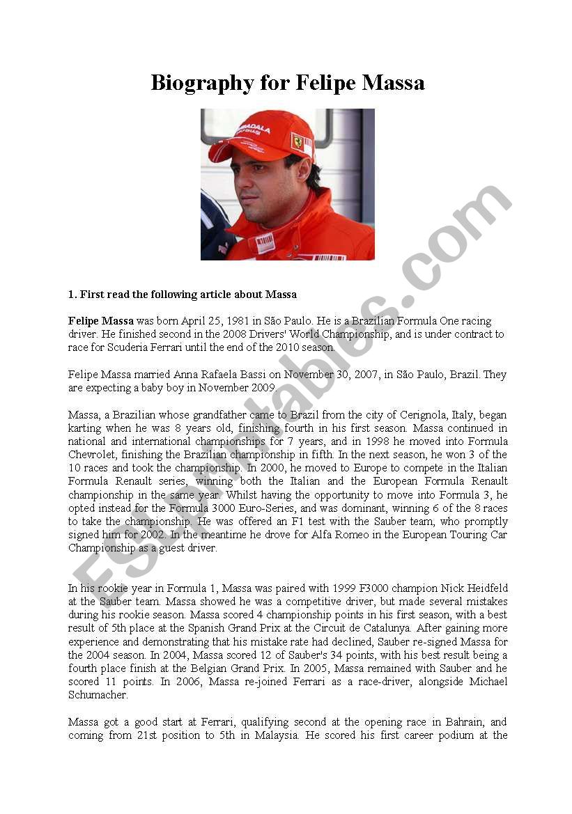 Biography for Felipe Massa worksheet