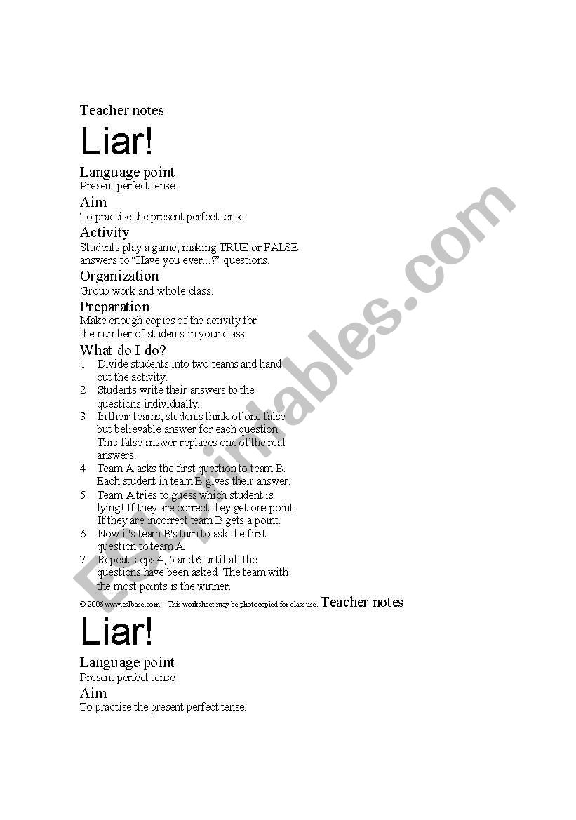 Liars handout worksheet