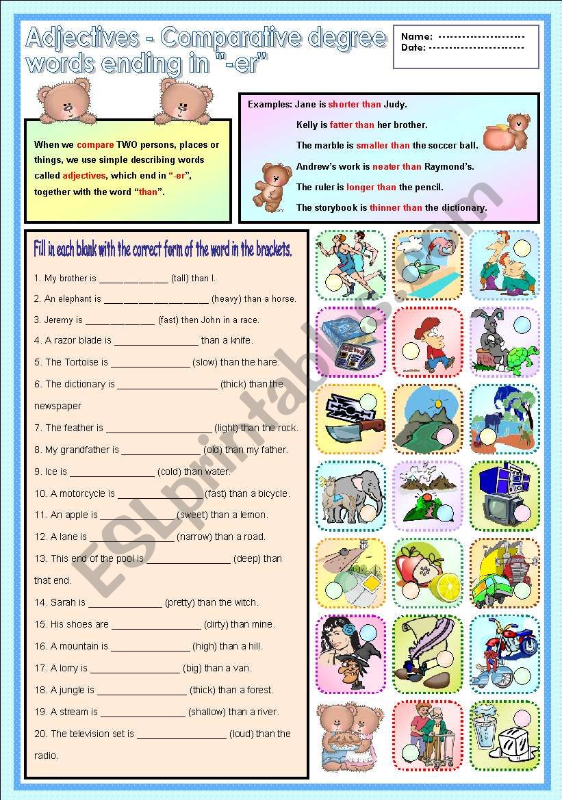 Adjectives Comparative Degree Words Ending In er ESL Worksheet By Ayrin