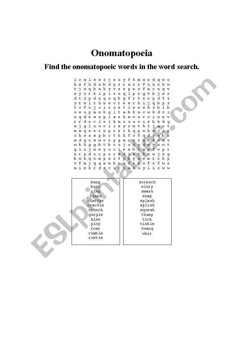 Onomatopeia Wordsearch worksheet