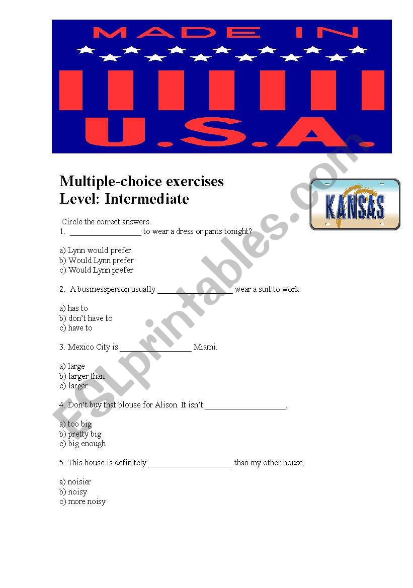 English Worksheets MULTIPLE CHOICE EXERCISES INTERMEDIATE