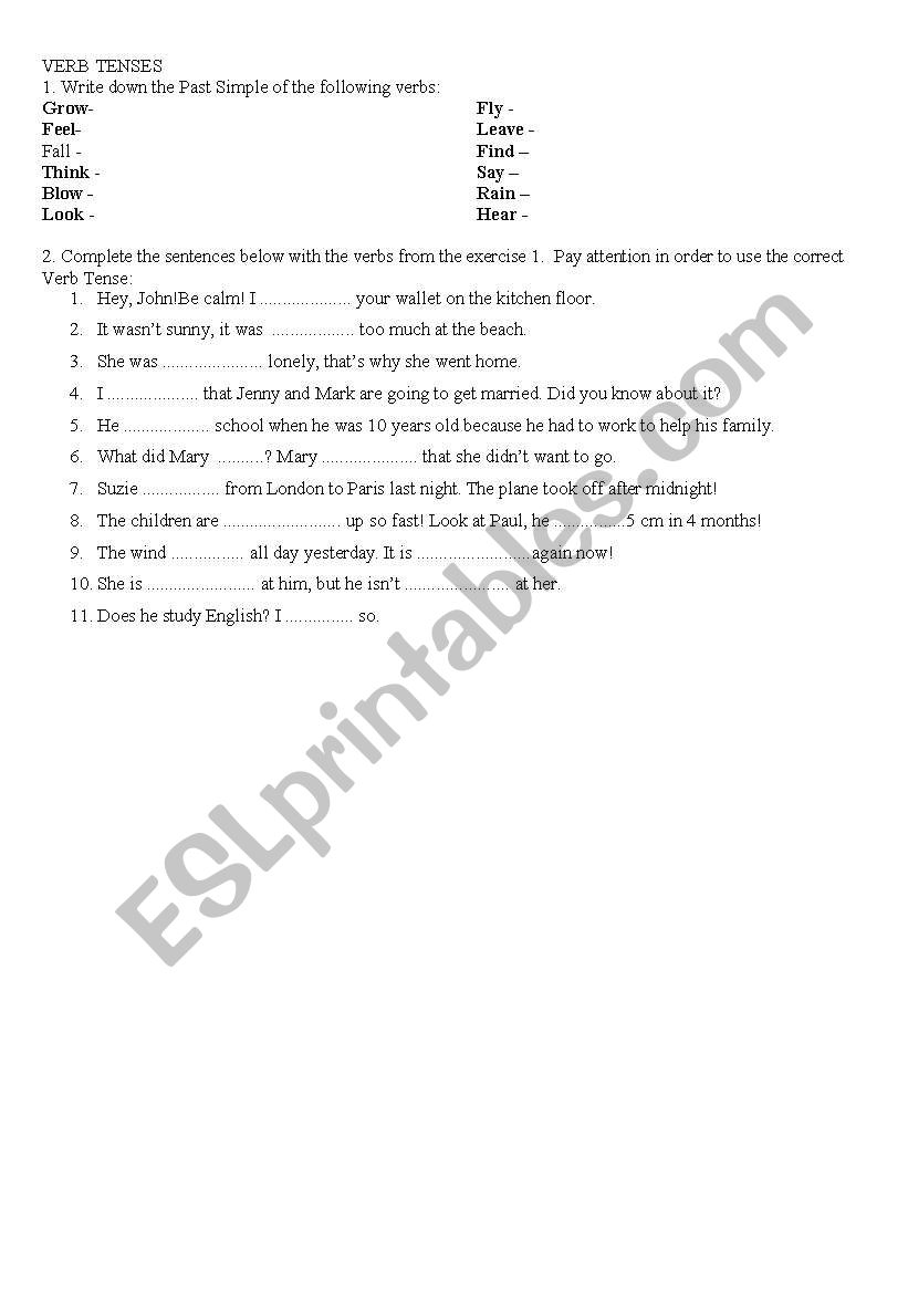 English Worksheets Verb Tenses