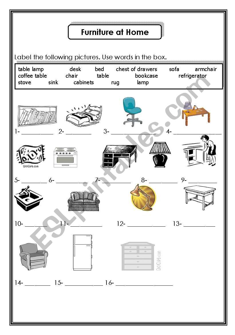 furniture at home - ESL worksheet by Ms. Fadia