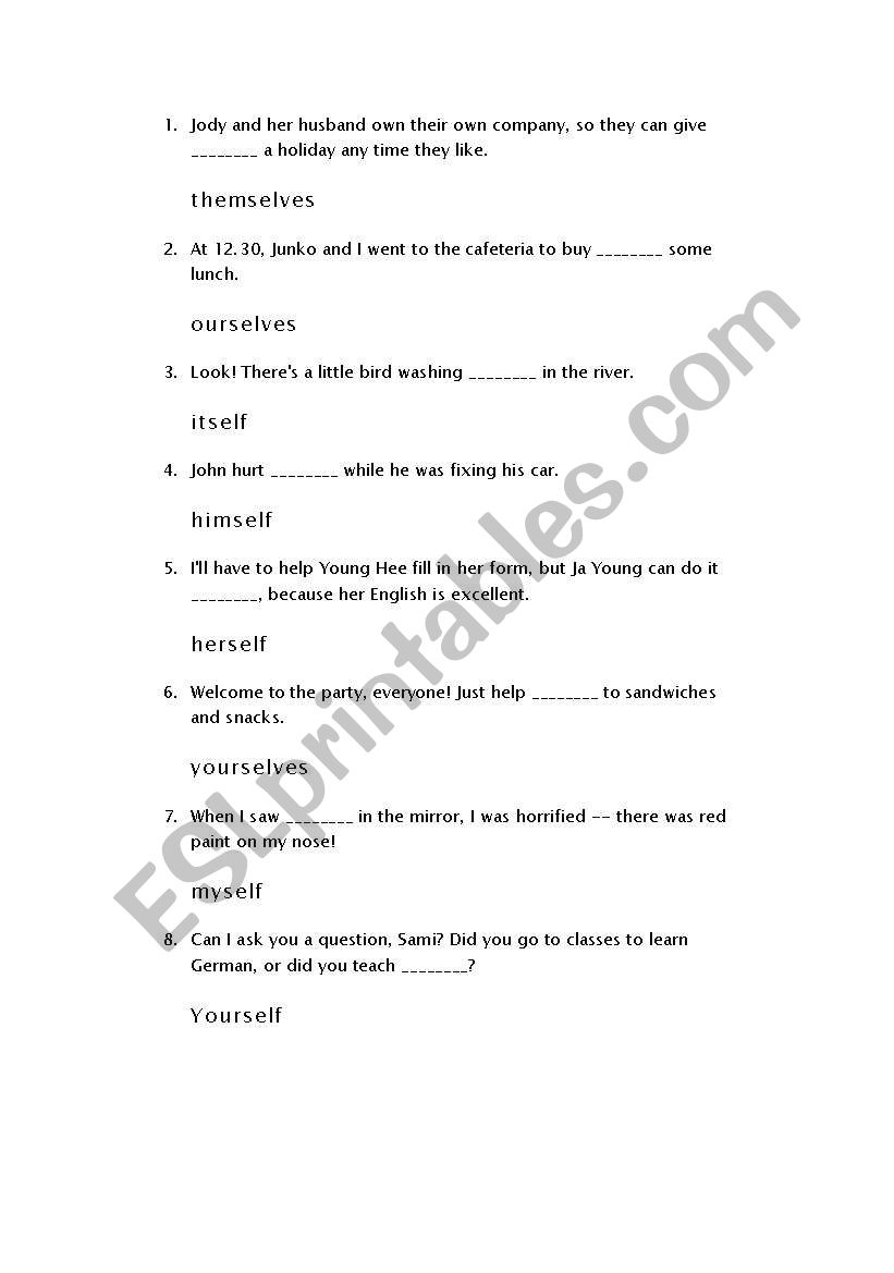 reflexive pronoun worksheet worksheet