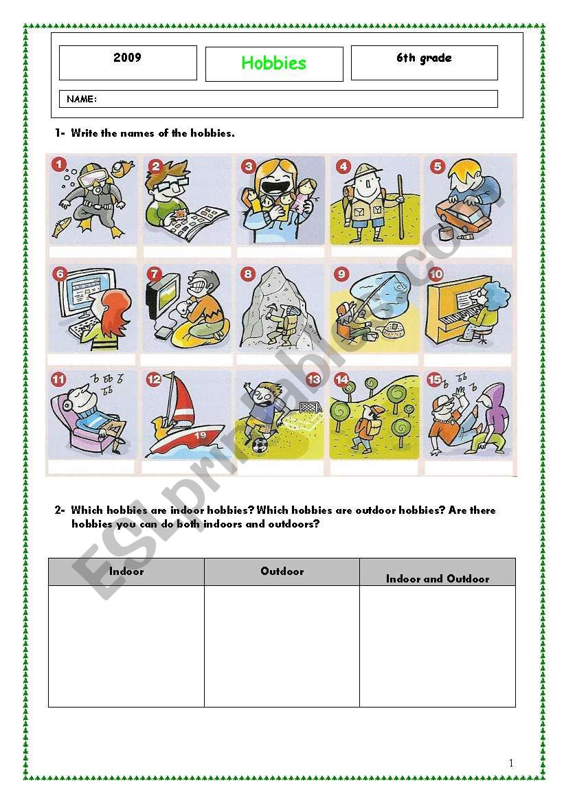 Hobbies worksheet