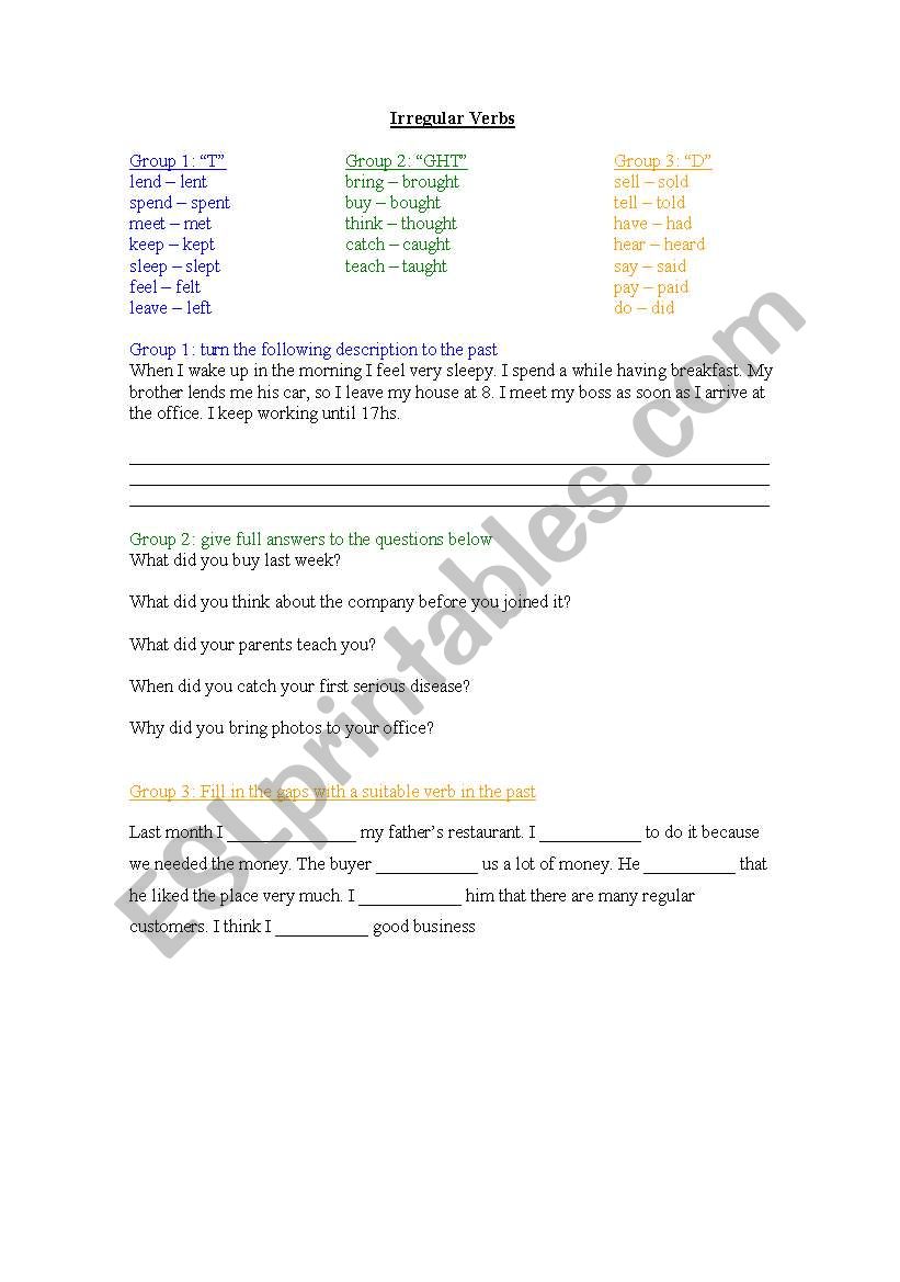 irregular verbs worksheet