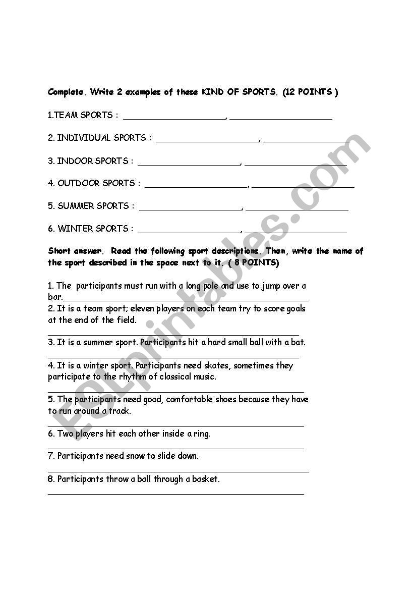 sport questions worksheet