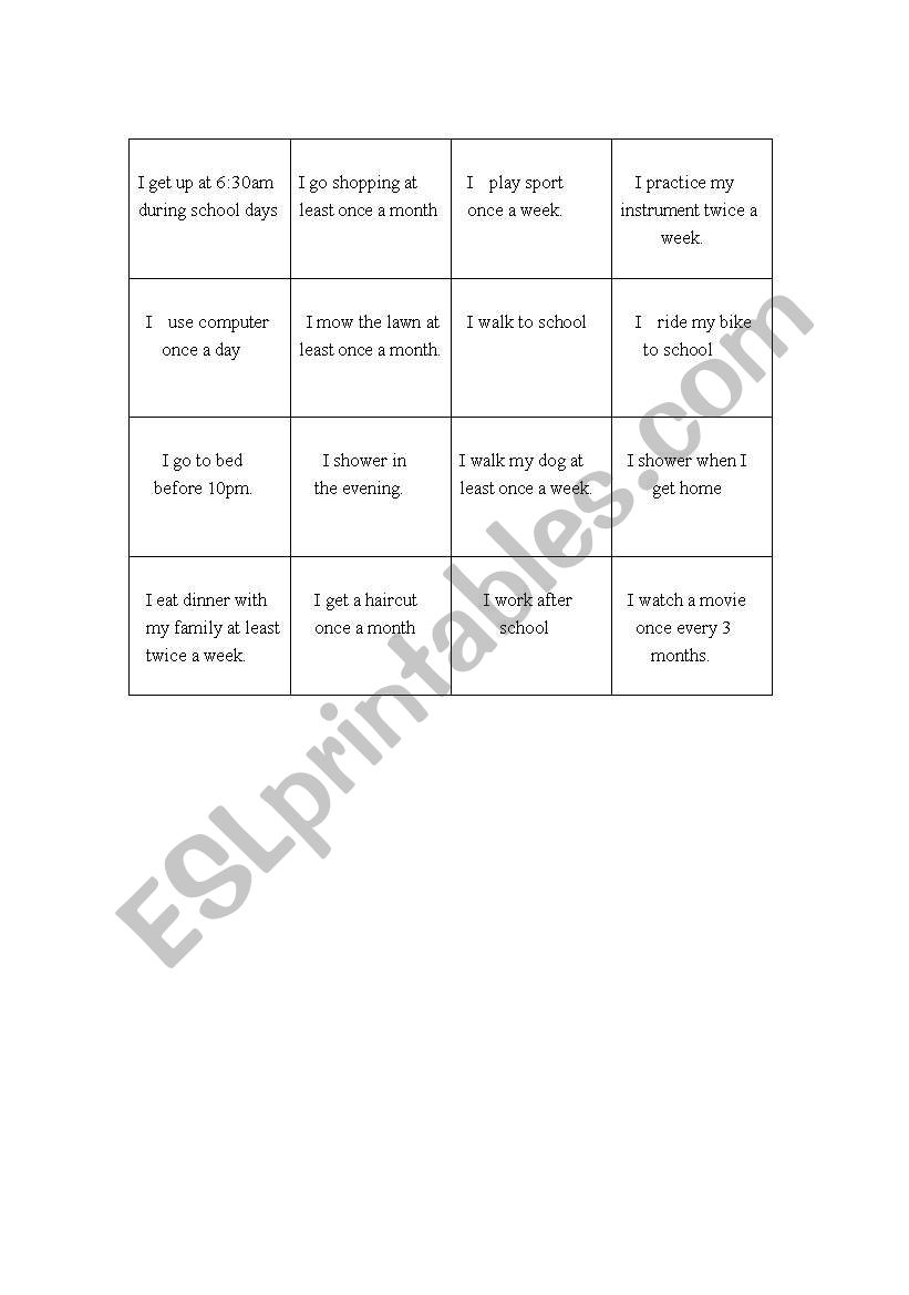 Routine Bingo worksheet