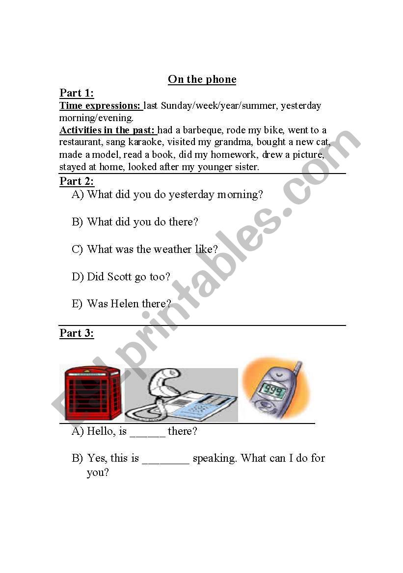On the Phone: past simple worksheet