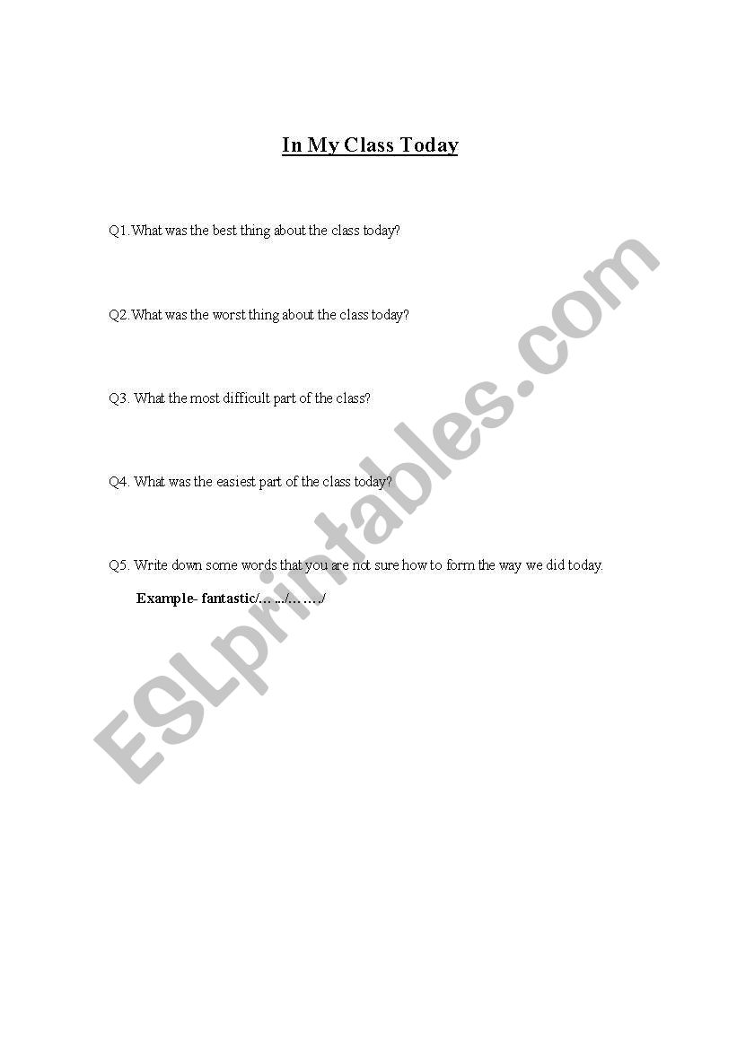 class questionnaire worksheet