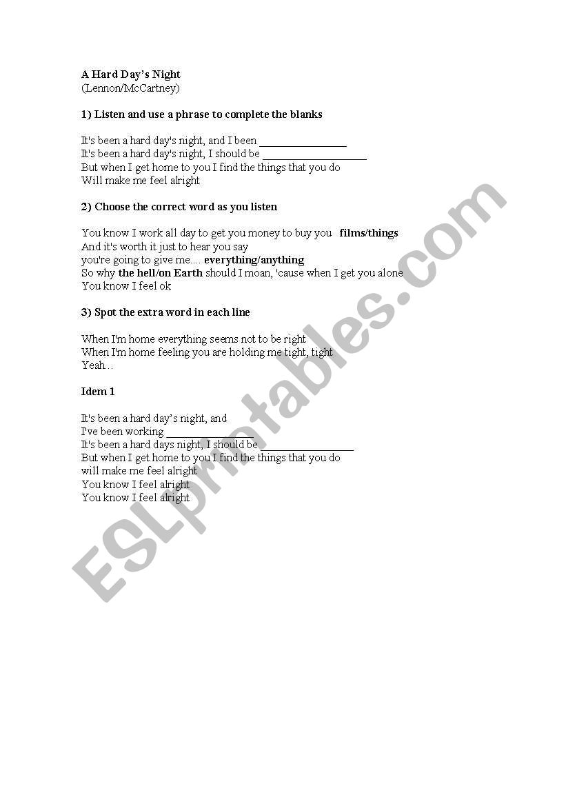 Lyrics- Hard Days night worksheet