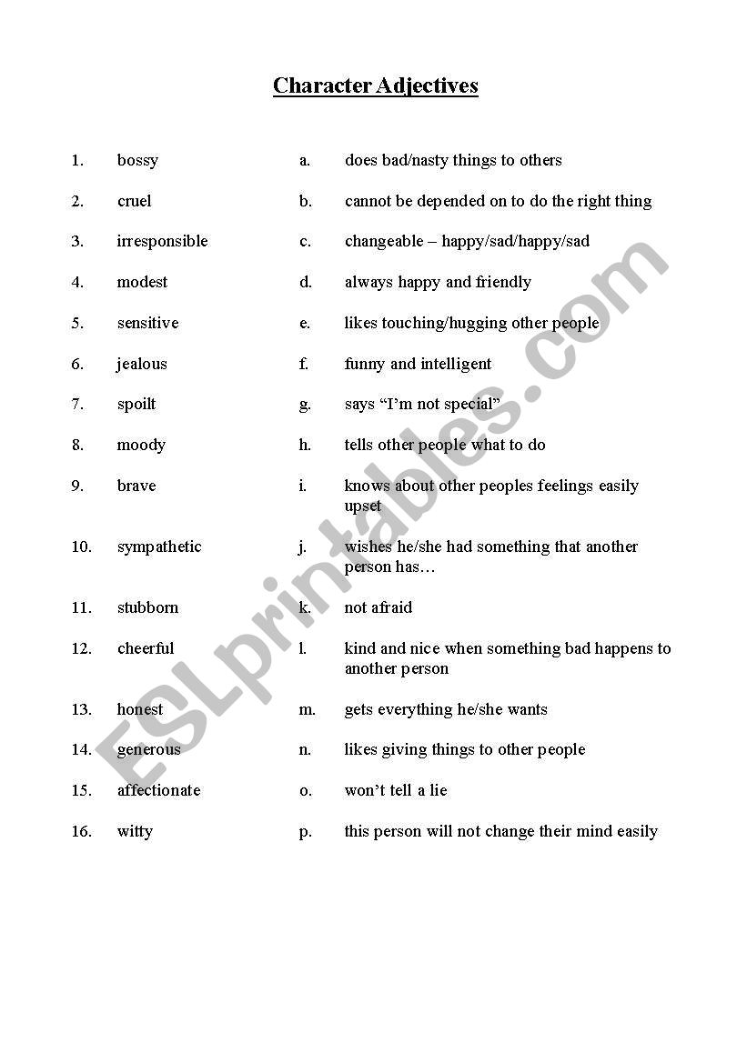 Character Adjectives worksheet