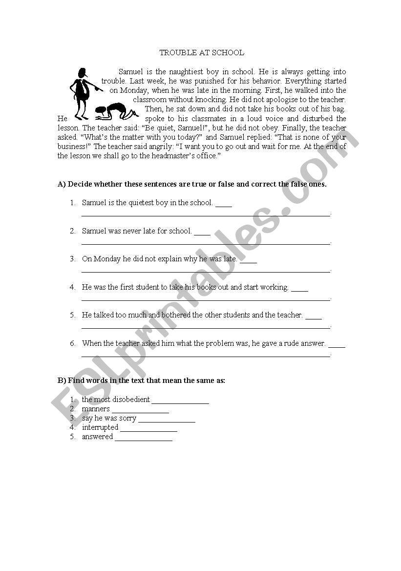 Trouble at school - Part I worksheet