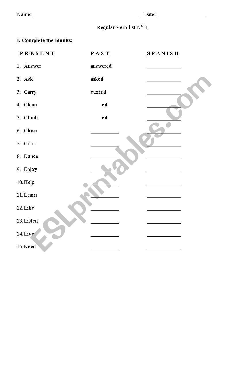 15 regular verbs in past worksheet