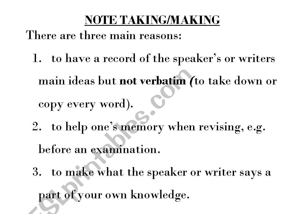 Note taking worksheet